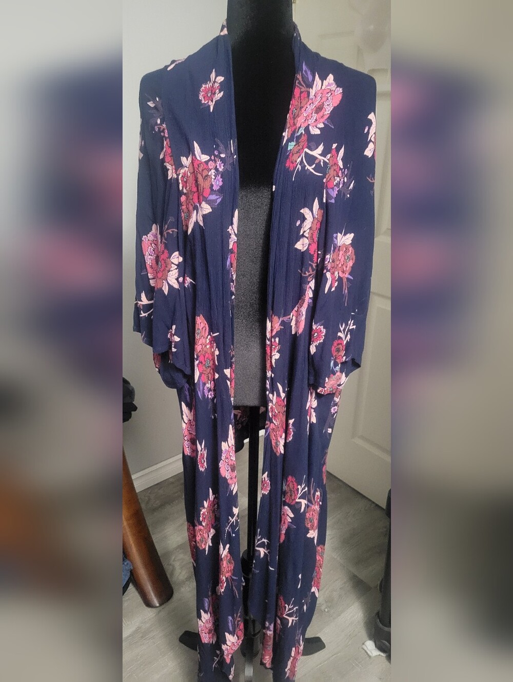 Patrons of Peace Small Navy Floral Longline Kimono Duster